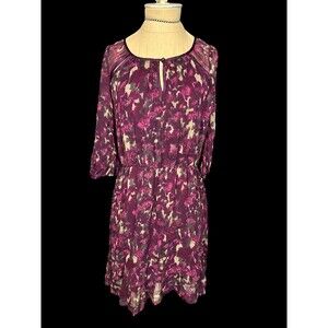 Charlotte Ronson Wine Floral Fit Flare 3/4 Sleeve Knee Silk Dress Details Size 4